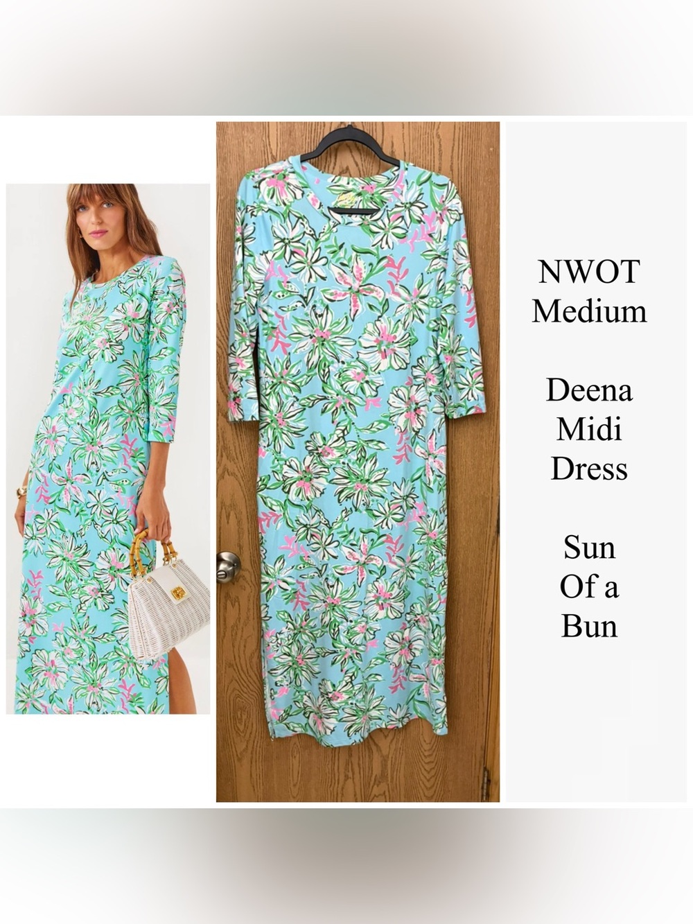 Lilly Pulitzer Sun of a Bun Floral Midi Dress in Aqua, Pink & Green